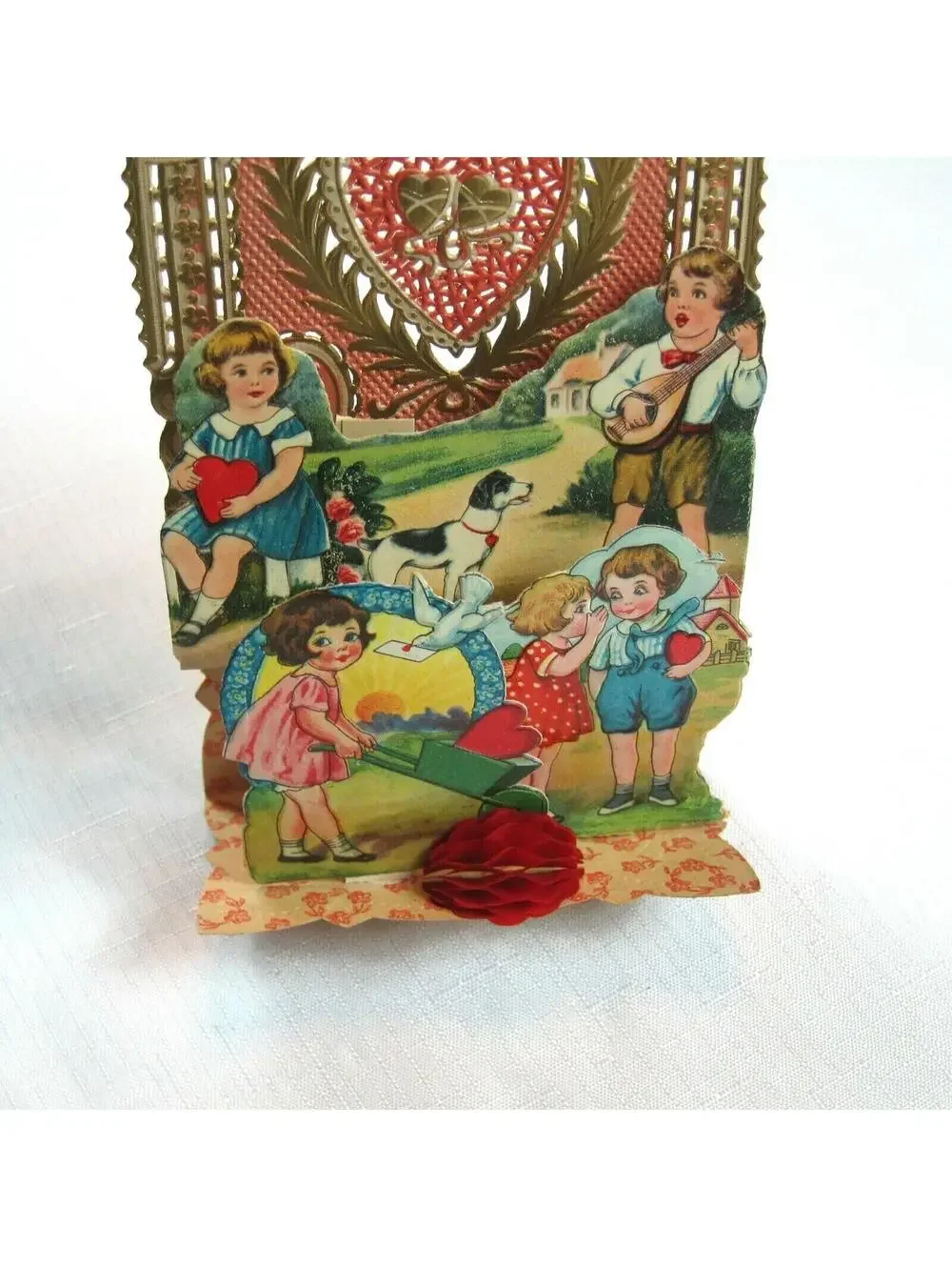 Vintage Valentine 1933 Die Cut Honeycomb 3D Pull Down Boys Girls Doves Germany